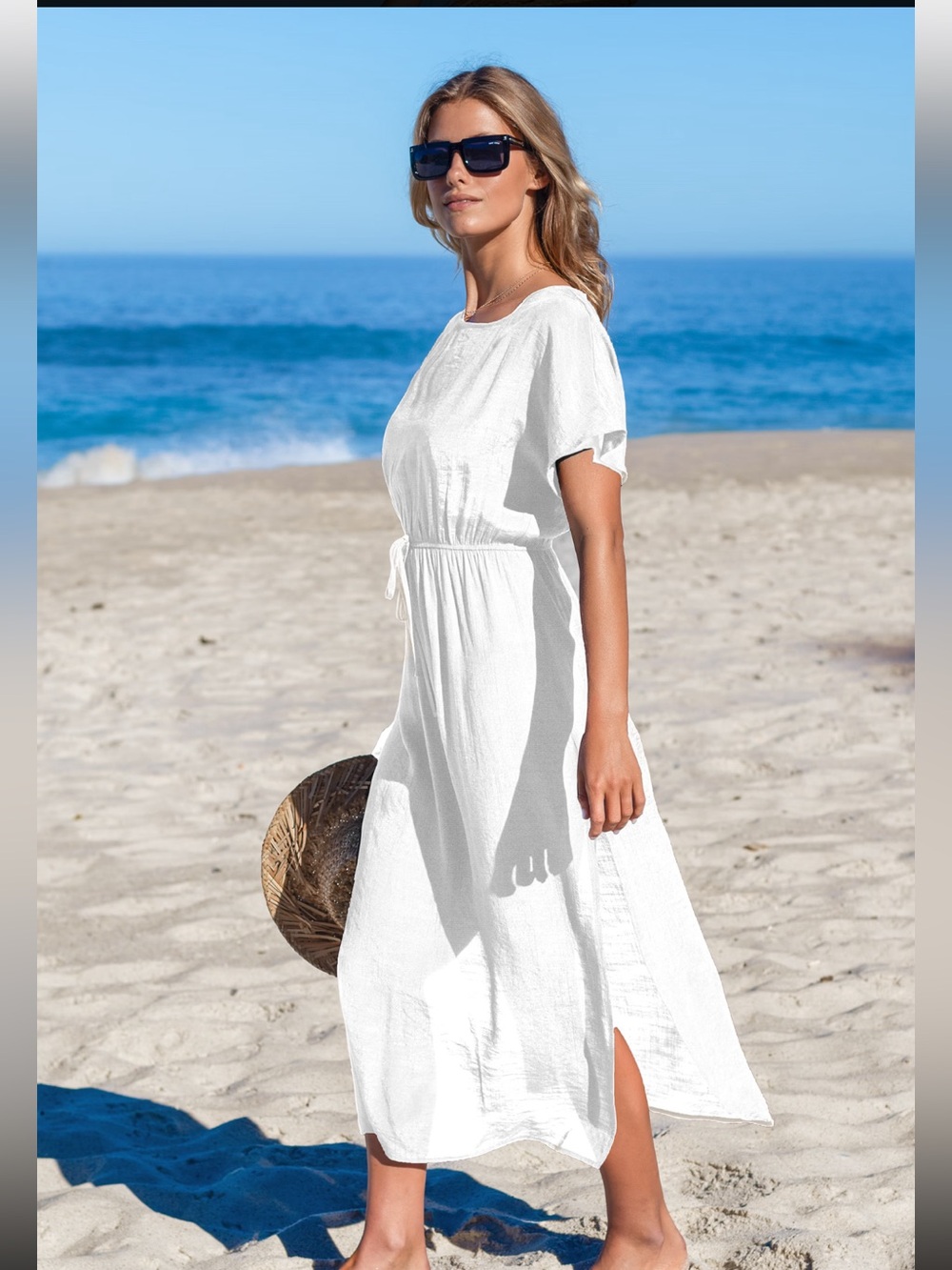 White Maxi Cover‑Up S NWT | Round Neck Short Sleeve | Side Slits | Cupshe